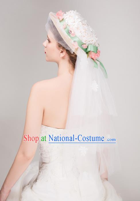 Top Grade Handmade Wedding Bride Hair Accessories Flower Top Hat, Traditional Baroque Princess Hats Headpiece for Women