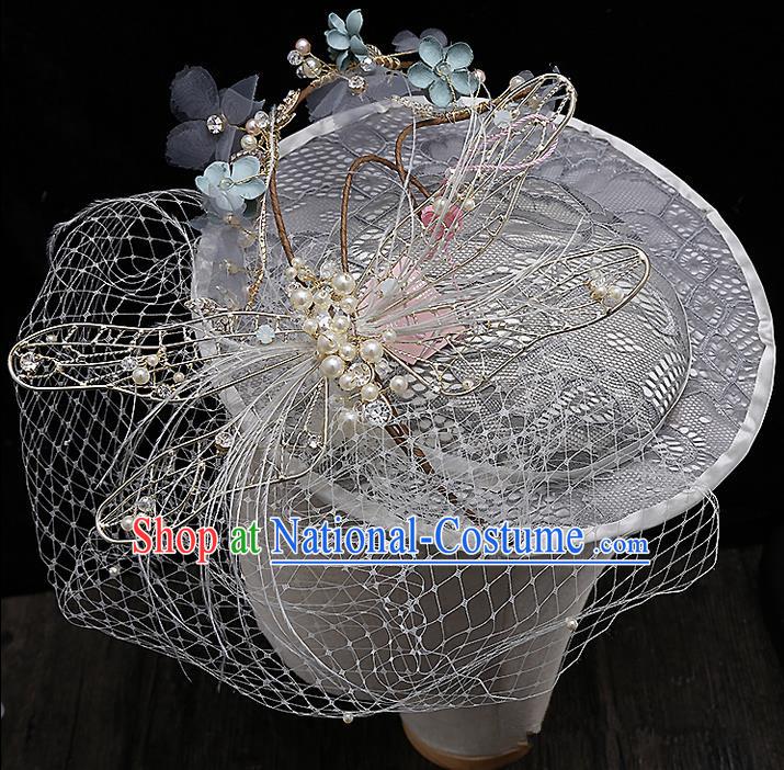 Top Grade Handmade Wedding Hair Accessories Bride Flower Veil Hat, Traditional Baroque Princess Top Hat Headpiece for Women