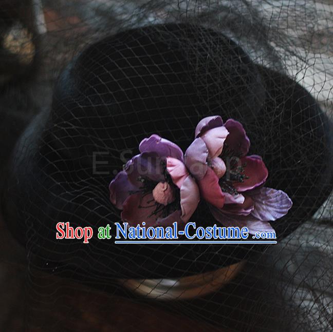 Top Grade Handmade Wedding Hair Accessories Bride Flower Veil Hat, Traditional Baroque Princess Black Top Hat Headpiece for Women