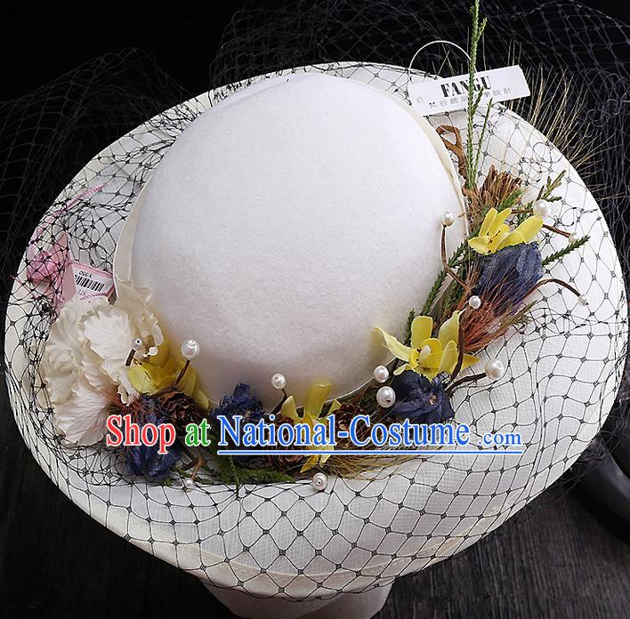 Top Grade Handmade Wedding Bride Hair Accessories Flowers Sunhat, Traditional Princess Baroque Topee Headpiece for Women