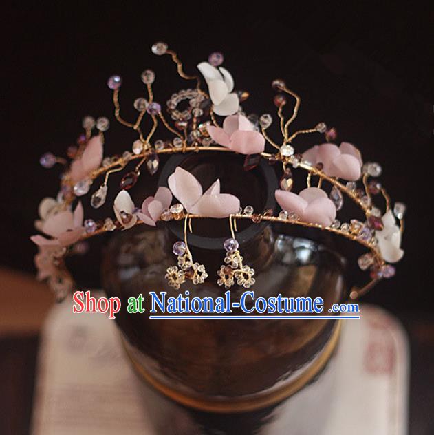 Top Grade Handmade Wedding Bride Hair Accessories Princess Pink Flowers Hair Clasp and Earrings, Traditional Princess Baroque Hair Clip Headpiece for Women