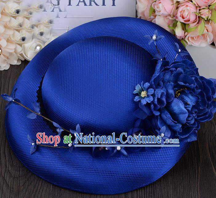 Top Grade Handmade Wedding Bride Hair Accessories Princess Royalblue Top Hat, Traditional Princess Baroque Flowers Hat Headpiece for Women