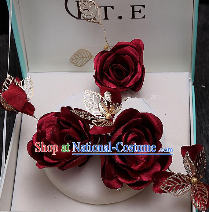 Top Grade Handmade Wedding Bride Hair Accessories Red Rose Flowers Hair Claw, Traditional Baroque Princess Headband Hair Stick Headpiece for Women