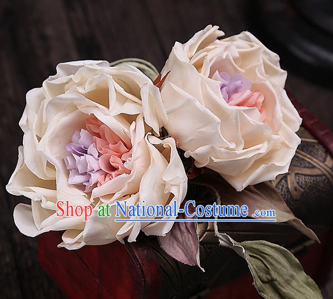 Top Grade Handmade Wedding Bride Hair Accessories Rose Flowers Hairpins, Traditional Baroque Princess Headband Hair Stick Headpiece for Women