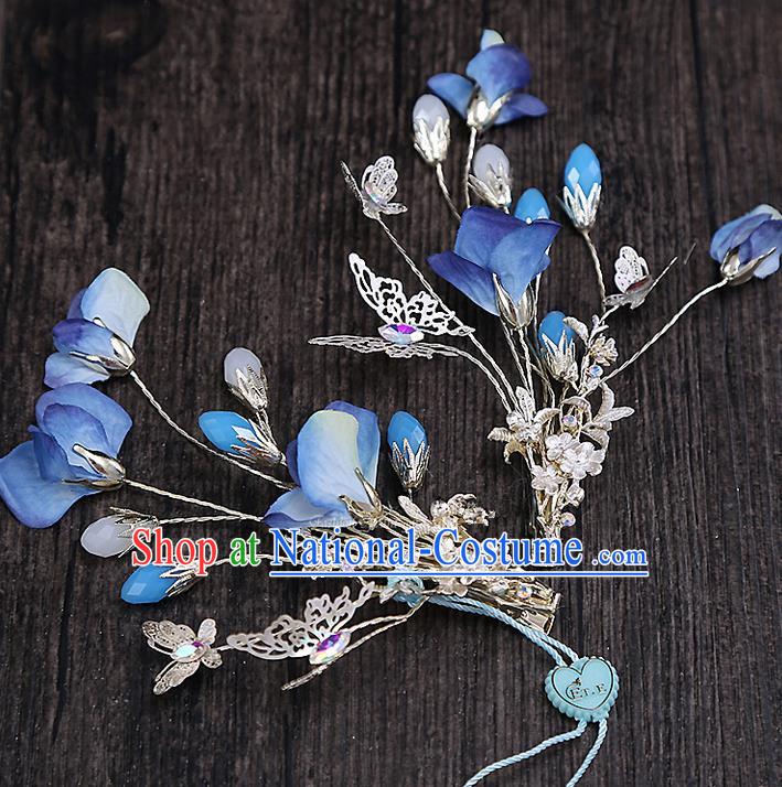 Top Grade Handmade Wedding Bride Hair Accessories Hair Claw, Traditional Baroque Princess Blue Flower Hair Stick Headpiece for Women