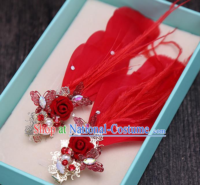 Top Grade Handmade Wedding Bride Hair Accessories Red Feather Hair Claw, Traditional Baroque Princess Hair Stick Headpiece for Women