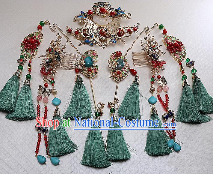 Top Grade Chinese Handmade Wedding Hair Accessories Phoenix Coronet Complete Set, Traditional China Xiuhe Suit Bride Step Shake Hanfu Tassel Hairpins Headdress for Women