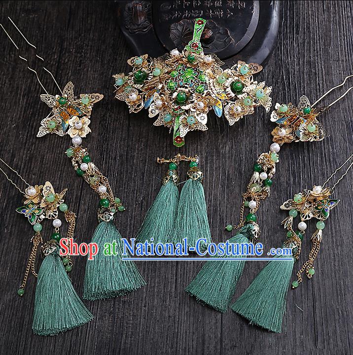 Top Grade Chinese Handmade Wedding Hair Accessories Head Ornament Complete Set, Traditional China Xiuhe Suit Bride Green Tassel Step Shake Headdress for Women