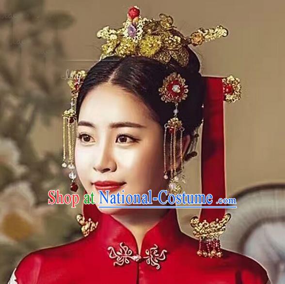 Top Grade Chinese Handmade Wedding Hair Accessories Phoenix Coronet, Traditional China Xiuhe Suit Bride Hairpins Tassel Step Shake Headdress for Women