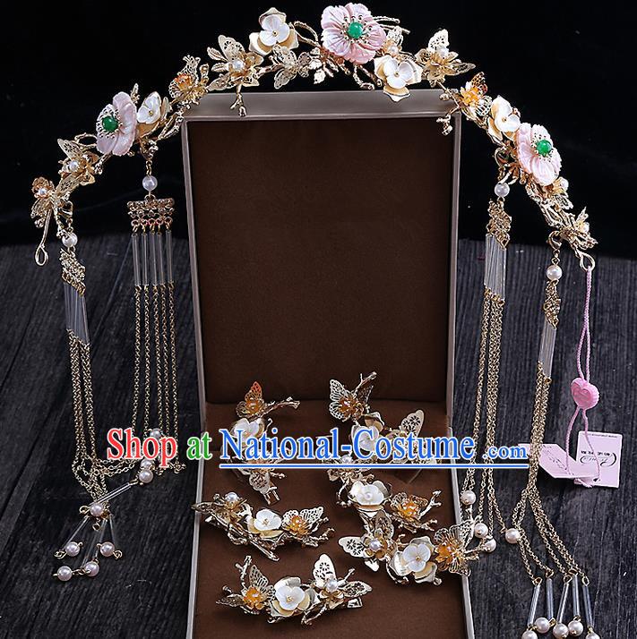 Top Grade Chinese Handmade Wedding Hair Accessories Complete Set, Traditional China Xiuhe Suit Bride Hairpins Phoenix Coronet Hanfu Tassel Step Shake Headdress for Women