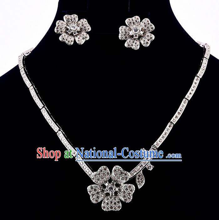 Top Grade Handmade China Wedding Bride Accessories Zircon Necklace and Earrings, Traditional Princess Diamante Wedding Torque Eardrop Jewelry for Women