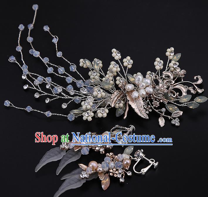 Top Grade Handmade Wedding Dragonfly Hair Accessories Bride Flowers Hair Claw and Tassel Earrings, Traditional Baroque Princess Hair Stick Headband Headdress for Women