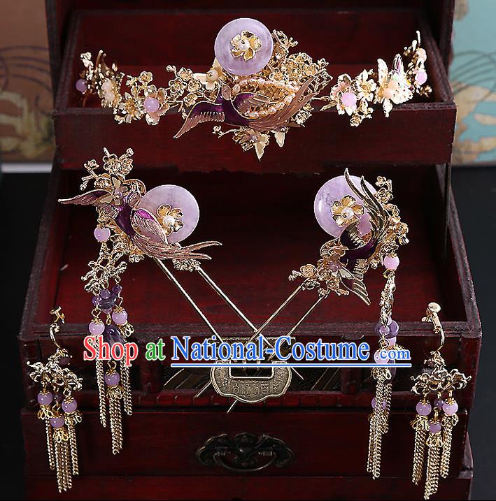 Top Grade Chinese Handmade Wedding Hair Accessories Complete Set, Traditional China Xiuhe Suit Bride Hairpins Hanfu Hair Comb Purple Tassel Step Shake Headdress for Women