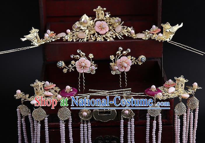 Top Grade Chinese Handmade Wedding Hair Accessories Golden Hairpins Complete Set, Traditional China Xiuhe Suit Bride Phoenix Coronet Hanfu Tassel Headdress Complete Set for Women