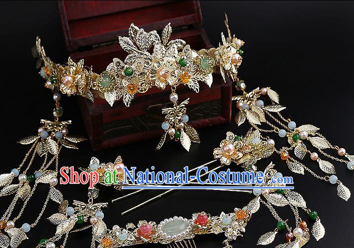 Top Grade Chinese Handmade Wedding Jade Hair Accessories, Traditional China Xiuhe Suit Bride Phoenix Coronet Tassel Headdress Hairpins Complete Set for Women