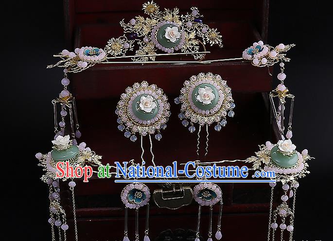 Top Grade Chinese Handmade Wedding Jade Hair Accessories Hair Comb, Traditional China Xiuhe Suit Bride Tassel Headdress Hairpins Complete Set for Women