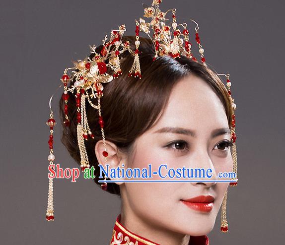 Top Grade Chinese Handmade Wedding Red Beads Hair Accessories Hair Comb, Traditional China Xiuhe Suit Bride Tassel Headdress Hairpins Complete Set for Women