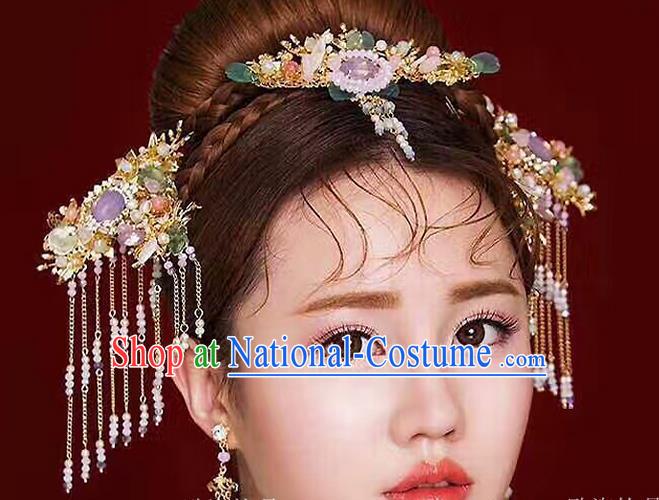 Top Grade Chinese Handmade Wedding Jade Hair Accessories Hair Combs, Traditional China Xiuhe Suit Bride Tassel Headdress Hairpins Complete Set for Women