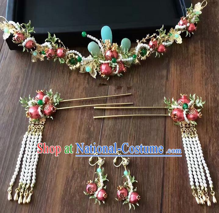 Top Grade Chinese Handmade Wedding Pomegranate Hair Accessories Hair Combs, Traditional China Xiuhe Suit Bride Tassel Headdress Hairpins Complete Set for Women