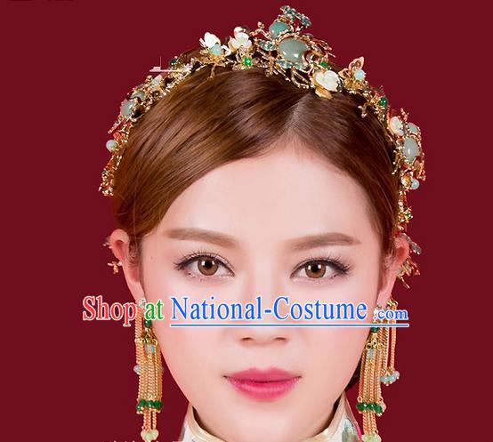 Top Grade Chinese Handmade Wedding Green Jade Hair Accessories Hair Combs, Traditional China Xiuhe Suit Bride Headdress Hairpins Complete Set for Women