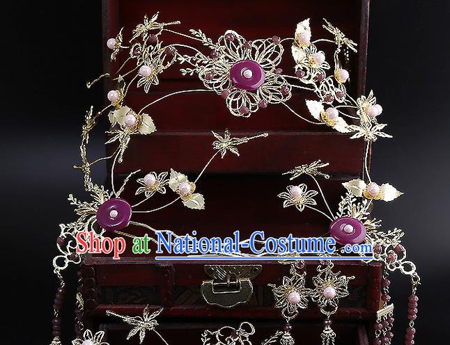 Top Grade Chinese Handmade Wedding Hair Accessories Purple Forehead Ornament, Traditional China Xiuhe Suit Bride Tassel Hairpins Complete Set for Women