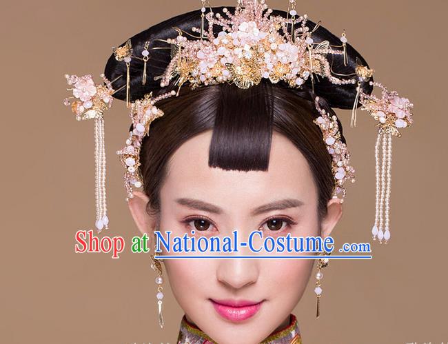 Top Grade Chinese Handmade Wedding Hair Accessories Phoenix Coronet, Traditional China Xiuhe Suit Bride Hairpins Hanfu Tassel Headdress Complete Set for Women