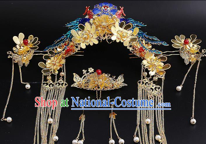 Top Grade Chinese Handmade Wedding Hair Accessories Complete Set, Traditional China Xiuhe Suit Bride Phoenix Coronet Hairpins Hanfu Tassel Headdress for Women