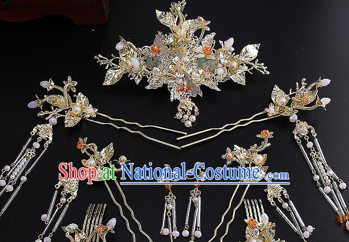 Top Grade Chinese Handmade Wedding Hair Accessories Hairpins Complete Set, Traditional China Xiuhe Suit Bride Phoenix Coronet Hanfu Tassel Headdress for Women