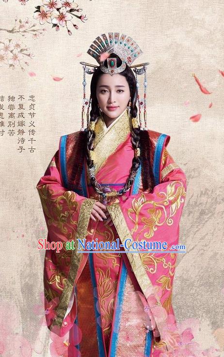 Traditional Ancient Chinese Imperial Princess Costume and Headpiece Complete Set, Chinese Chong Er Preach Chunqiu Period Dynasty Imperial Concubine Embroidered Hanfu Clothing