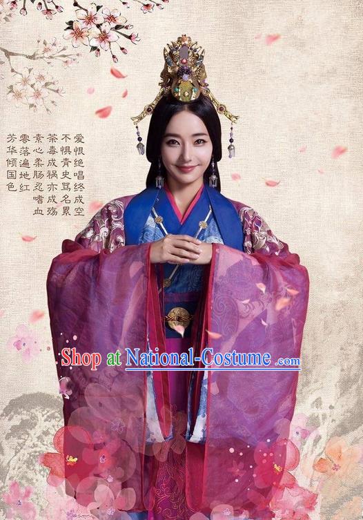 Traditional Ancient Chinese Imperial Consort Costume and Headpiece Complete Set, Chinese Chong Er Preach Chunqiu Period Imperial Concubine Embroidered Hanfu Clothing