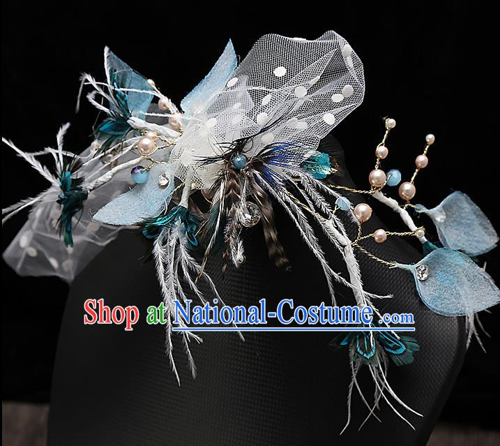 Top Grade Handmade Wedding Dragonfly Hair Accessories Bride Blue Hair Claw, Traditional Baroque Princess Hair Stick Headband Headdress for Women