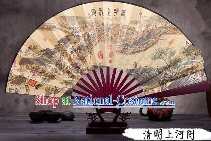 Traditional Chinese Ancient Peking Opera Accessories Scholar Ink Painting Riverside Scene at Qingming Festival Fan, Traditional Chinese Beijing Opera Young Men Props Folding Fans