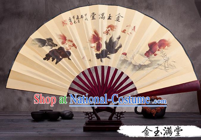 Traditional Chinese Ancient Peking Opera Accessories Scholar Ink Painting Goldfish Fan, Traditional Chinese Beijing Opera Young Men Props Folding Fans