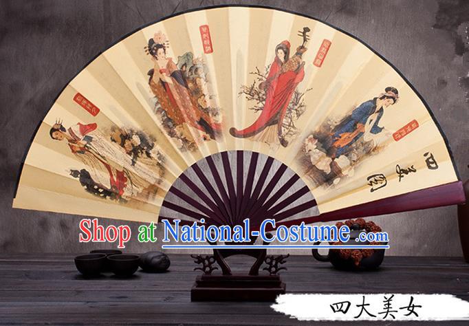 Traditional Chinese Ancient Peking Opera Accessories Scholar Ink Painting Four Great Beauties Fan, Traditional Chinese Beijing Opera Young Men Props Folding Fans