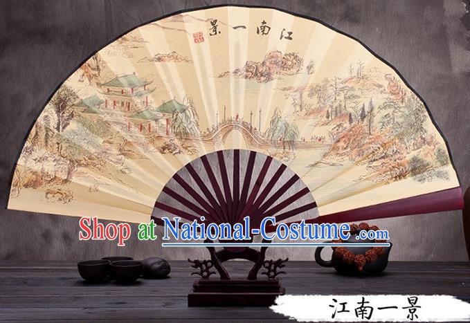 Traditional Chinese Ancient Peking Opera Accessories Scholar Ink Painting Jiangnan Scenery Fan, Traditional Chinese Beijing Opera Young Men Props Folding Fans