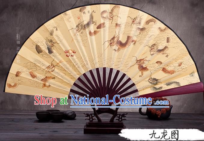 Traditional Chinese Ancient Peking Opera Accessories Scholar Ink Painting Nine Dragons Fan, Traditional Chinese Beijing Opera Young Men Props Folding Fans