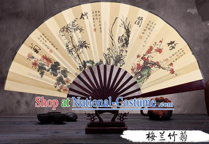 Traditional Chinese Ancient Peking Opera Accessories Scholar Ink Painting Plum Blossoms Orchid Bamboo and Chrysanthemum Fan, Traditional Chinese Beijing Opera Young Men Props Folding Fans