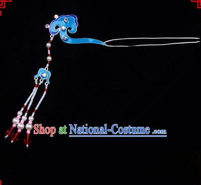 Chinese Ancient Peking Opera Head Accessories Diva Long Tassel Kingfisher Hairpins, Traditional Chinese Beijing Opera Princess Hua Tan Hair Clasp Head-ornaments