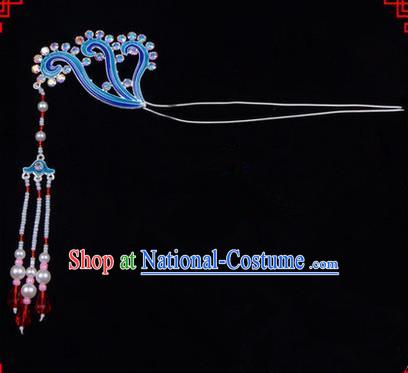 Chinese Ancient Peking Opera Head Accessories Diva Long Tassel Kingfisher Hairpins, Traditional Chinese Beijing Opera Princess Hua Tan Hair Clasp Head-ornaments