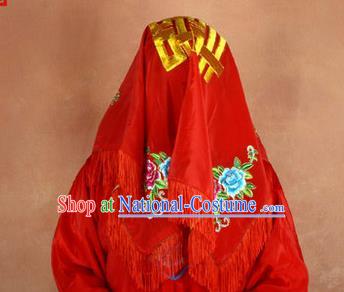 Traditional Chinese Ancient Peking Opera Wedding Bride Endshield, Traditional Chinese Beijing Opera Embroidery Red Head Cover