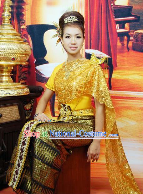 Traditional Traditional Thailand Female Clothing, Southeast Asia Thai Ancient Costumes Sari Dress for Women