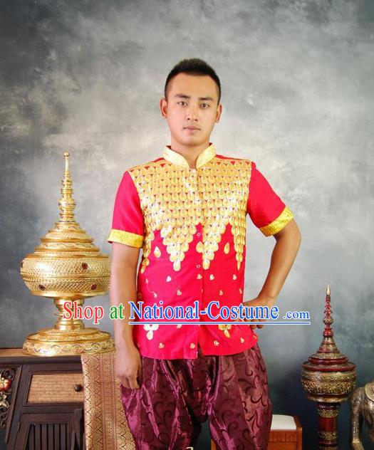 Traditional Traditional Thailand Male Clothing, Southeast Asia Thai Ancient Costumes Dai Nationality Red Blouse for Men