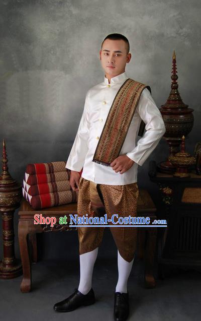 Traditional Traditional Thailand Male Clothing, Southeast Asia Thai Ancient Costumes Dai Nationality Shirt and Pants for Men