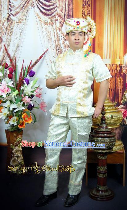 Traditional Traditional Thailand Male Clothing, Southeast Asia Thai Ancient Costumes Dai Nationality White Shirt and Pants for Men