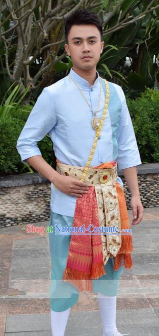 Traditional Traditional Thailand Male Clothing, Southeast Asia Thai Ancient Costumes Dai Nationality Blue Shirt and Pants for Men