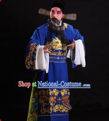 Traditional Chinese Beijing Opera Male Blue Clothing, China Peking Opera Emperor Costume Embroidered Gwanbok Robe Opera Costumes