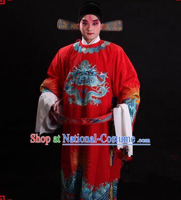 Traditional Chinese Beijing Opera Male Red Clothing and Shoes Complete Set, China Peking Opera Emperor Costume Embroidered Gwanbok Robe Opera Costumes