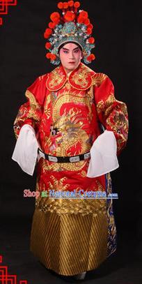 Traditional Chinese Beijing Opera Emperor Clothing and Headwear Complete Set, China Peking Opera His Royal Highness Embroidered Dragon Robe Red Opera Costumes