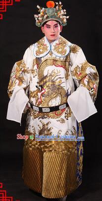 Traditional Chinese Beijing Opera Emperor Clothing and Headwear Complete Set, China Peking Opera His Royal Highness Embroidered Dragon Robe White Opera Costumes