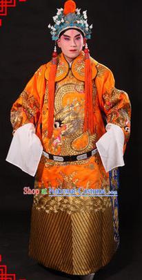 Traditional Chinese Beijing Opera Emperor Clothing and Headwear Complete Set, China Peking Opera His Royal Highness Embroidered Dragon Robe Yellow Opera Costumes